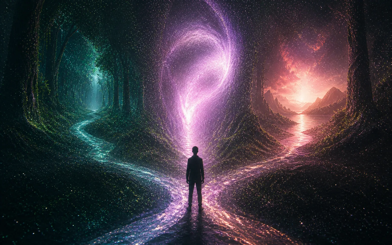 A player facing three luminous paths through a responsive story world