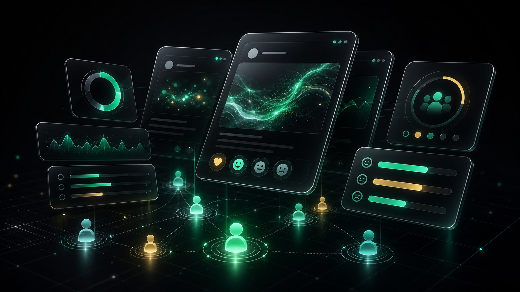 Dark glass product panels showing community sentiment, polls, ratings, and connected social signals